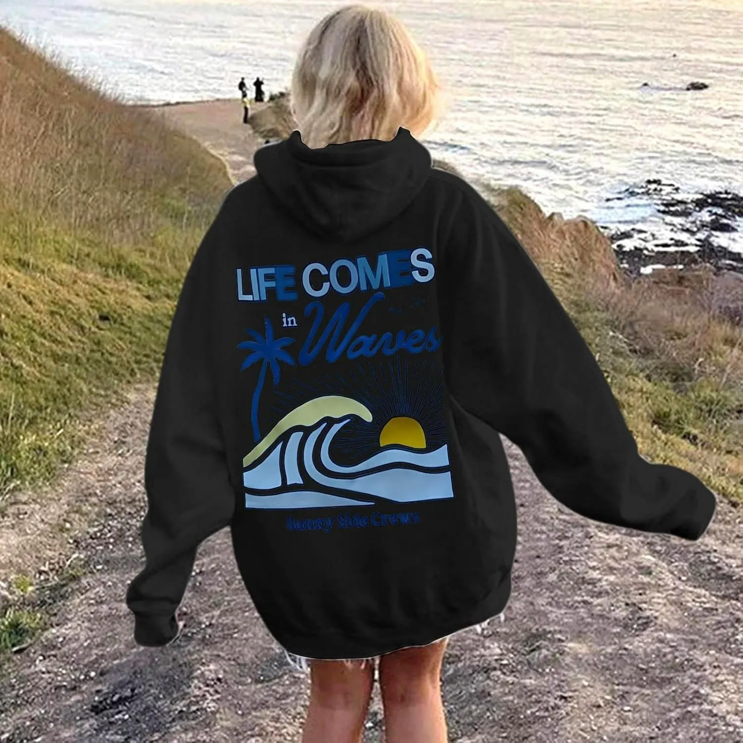 Life Comes in Waves Print Sweatshirts Womens Oversized Hoodies Casual Long Sleeve Blouse Tops Drawstring Pocket Outfits