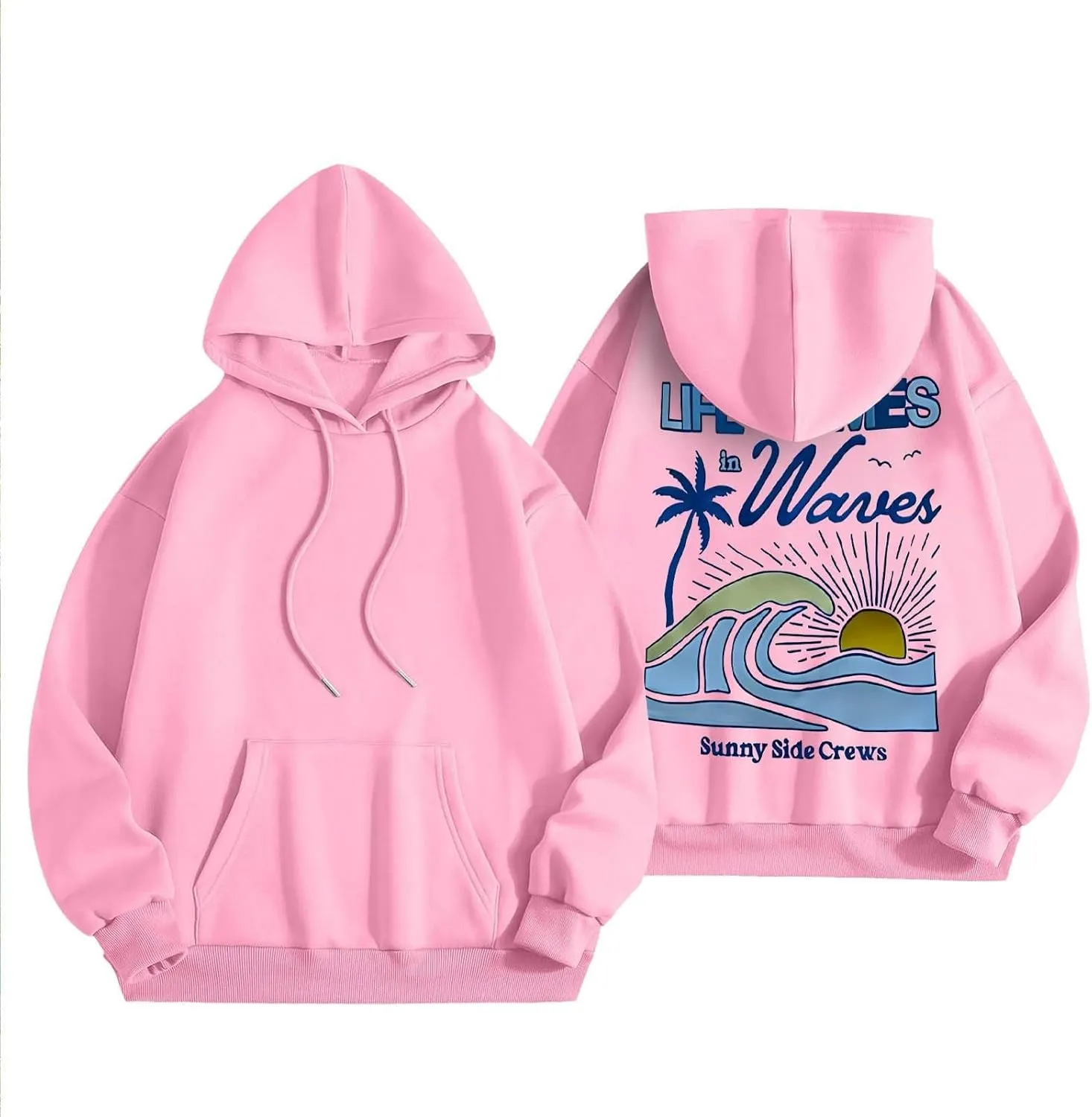 Life Comes in Waves Print Sweatshirts Womens Oversized Hoodies Casual Long Sleeve Blouse Tops Drawstring Pocket Outfits