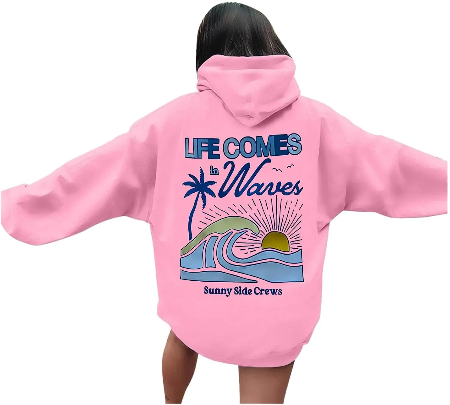 Life Comes in Waves Print Sweatshirts Womens Oversized Hoodies Casual Long Sleeve Blouse Tops Drawstring Pocket Outfits