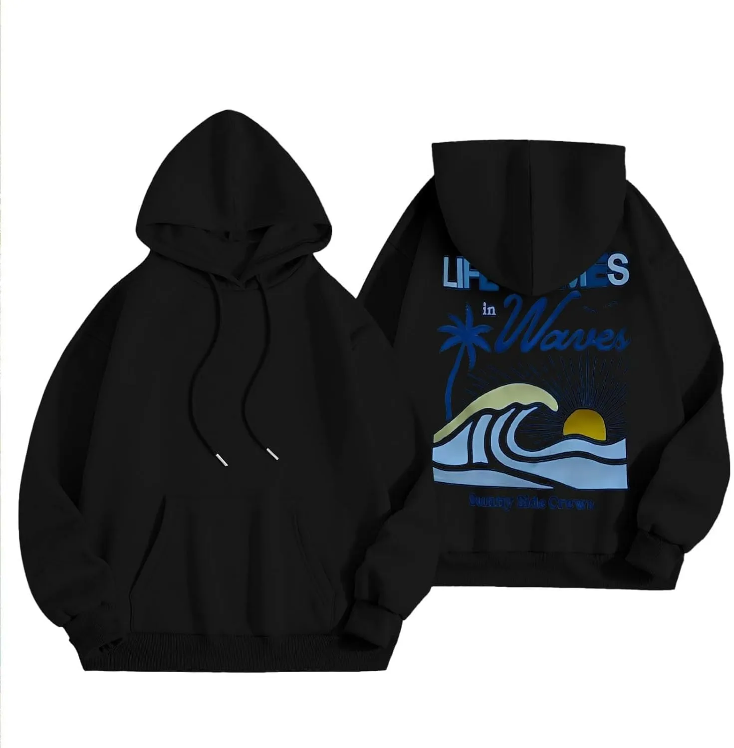 Life Comes in Waves Print Sweatshirts Womens Oversized Hoodies Casual Long Sleeve Blouse Tops Drawstring Pocket Outfits