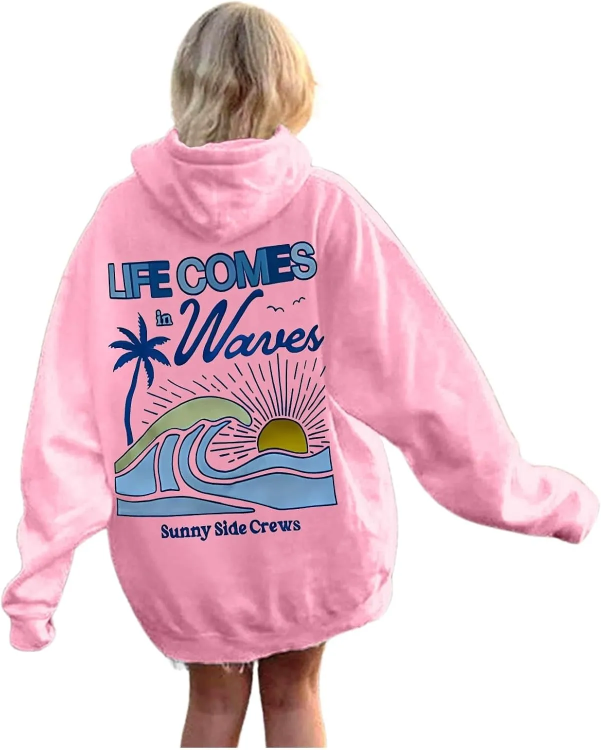 Life Comes in Waves Print Sweatshirts Womens Oversized Hoodies Casual Long Sleeve Blouse Tops Drawstring Pocket Outfits