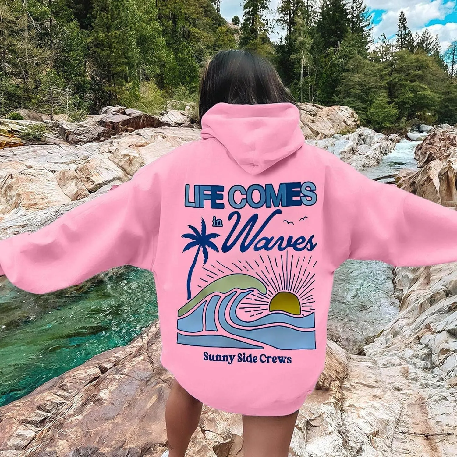 Life Comes in Waves Print Sweatshirts Womens Oversized Hoodies Casual Long Sleeve Blouse Tops Drawstring Pocket Outfits
