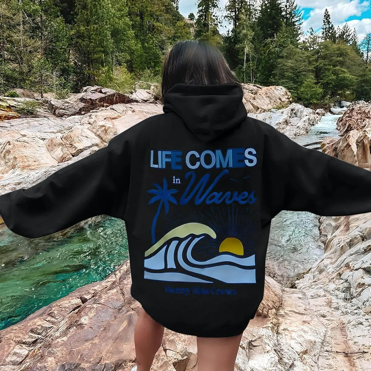 Life Comes in Waves Print Sweatshirts Womens Oversized Hoodies Casual Long Sleeve Blouse Tops Drawstring Pocket Outfits