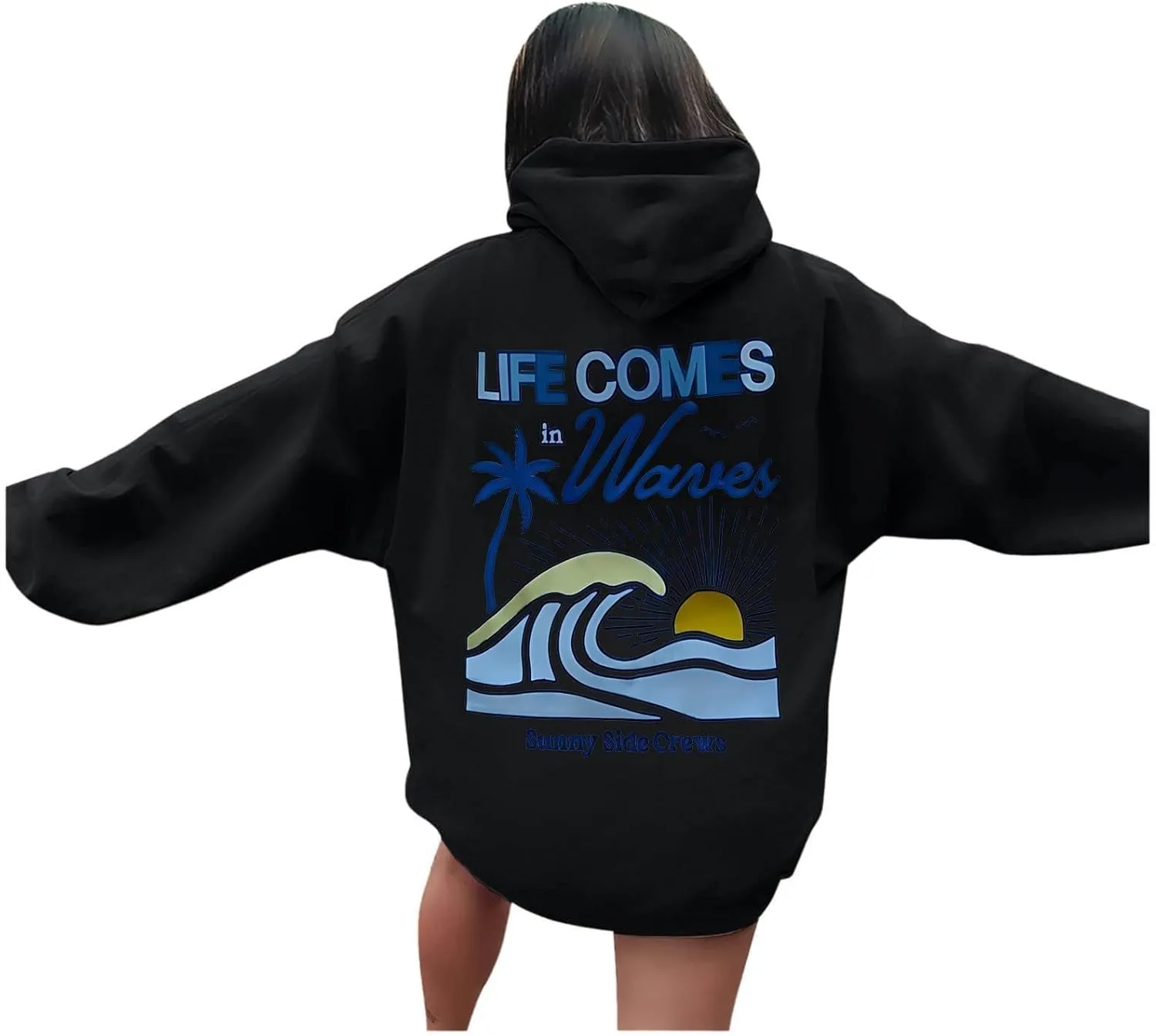 Life Comes in Waves Print Sweatshirts Womens Oversized Hoodies Casual Long Sleeve Blouse Tops Drawstring Pocket Outfits