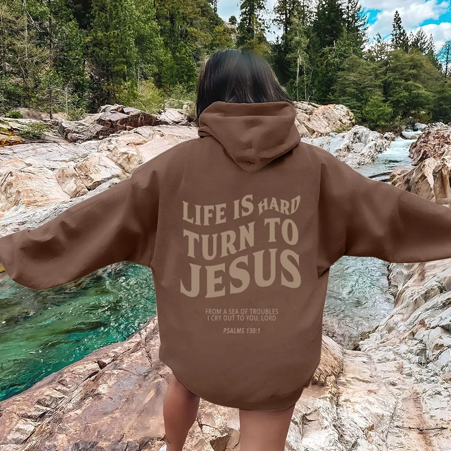 Life Is Hard Trun To Jesus Hoodies For Women Oversized Letter Graphic Y2K Hooded Pullover Tops Bible Verse Hoodie