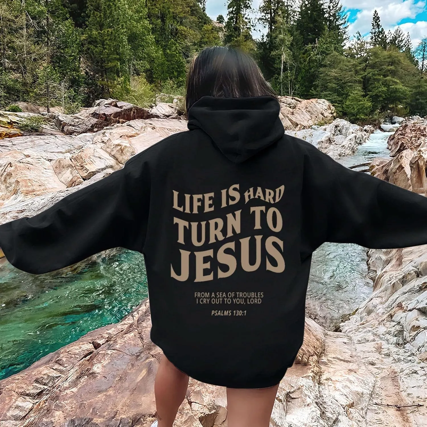 Life Is Hard Trun To Jesus Hoodies For Women Oversized Letter Graphic Y2K Hooded Pullover Tops Bible Verse Hoodie