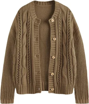 LILLUSORY Women's Cardigan Sweaters Cable Knit Crochet Cotton Fall Jackets Button Up Chunky Trendy Outfits