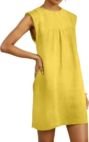 Linen Dress Women Cotton Linen Sleeveless Dress Casual Crew Neck Tank Mini Dresses Loose Beach Sundress