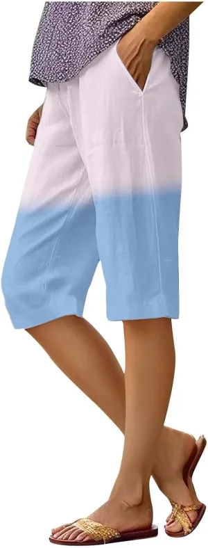 Linen Shorts for Women Plus Size Casual Loose Elastic Drawstring Summer Beach Bermuda Shorts with Pocket