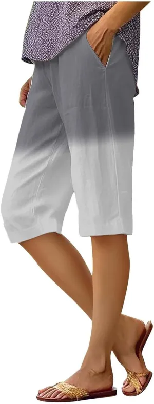 Linen Shorts for Women Plus Size Casual Loose Elastic Drawstring Summer Beach Bermuda Shorts with Pocket
