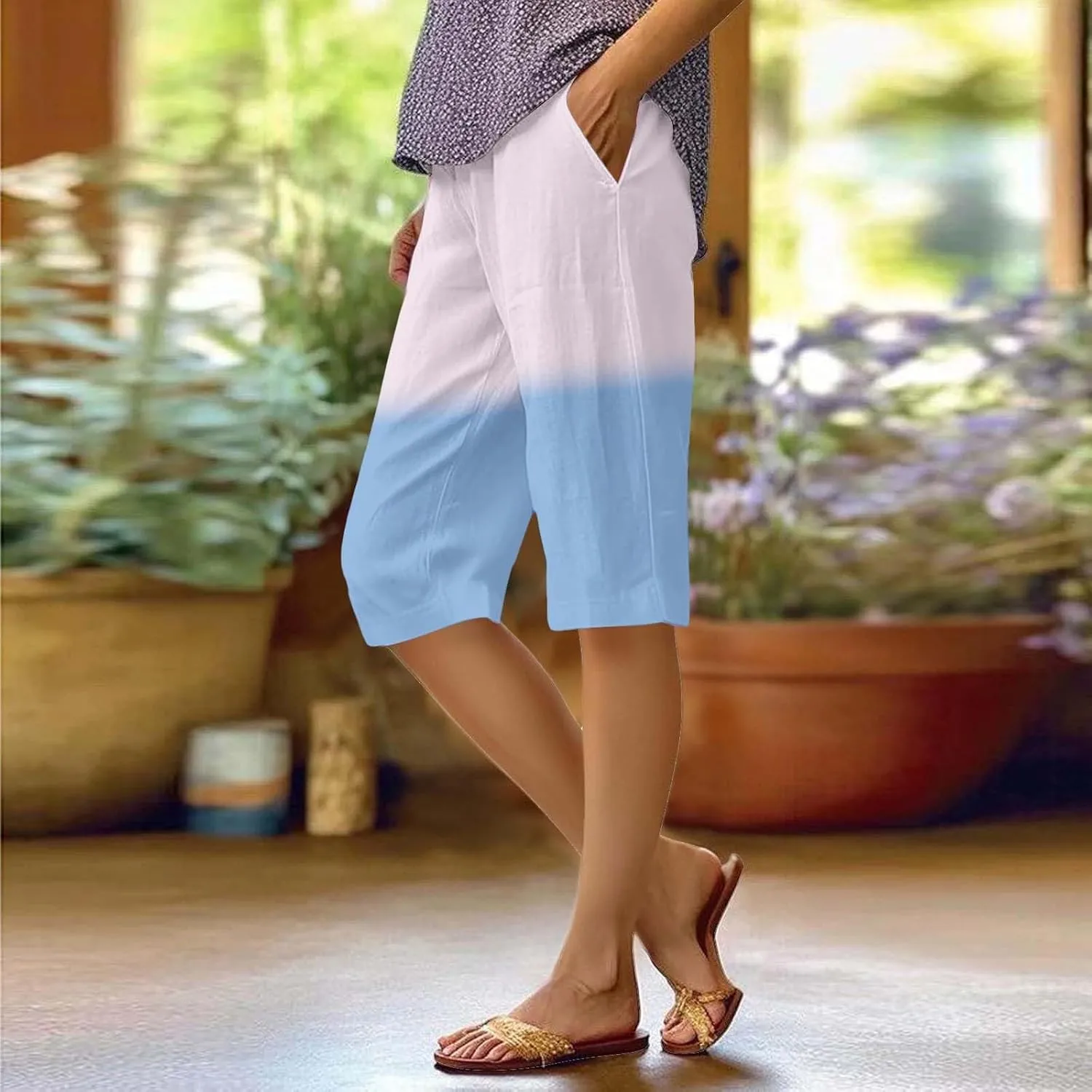 Linen Shorts for Women Plus Size Casual Loose Elastic Drawstring Summer Beach Bermuda Shorts with Pocket