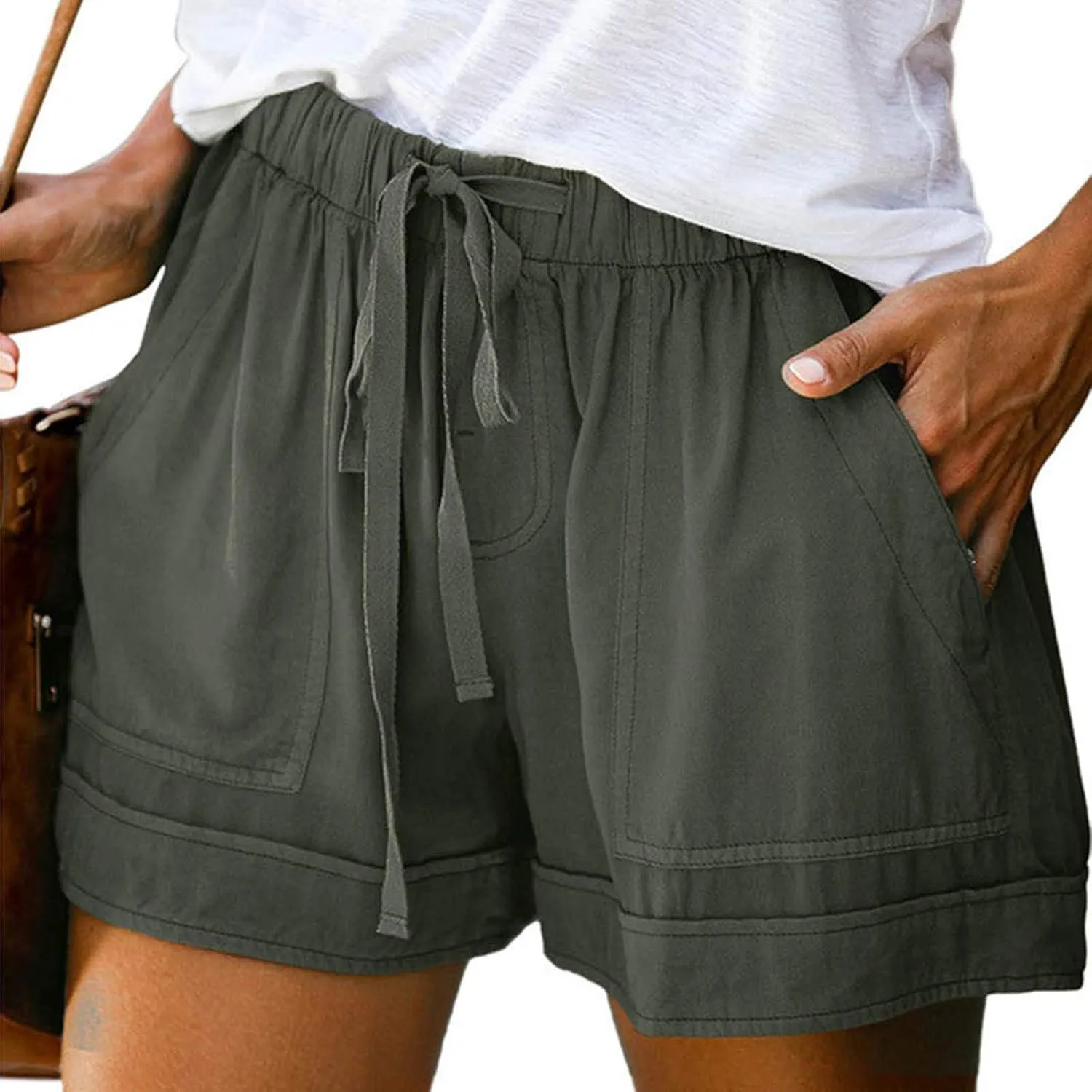 Linen Shorts for Women Plus Size Casual Loose Elastic Drawstring Summer Beach Bermuda Shorts with Pocket