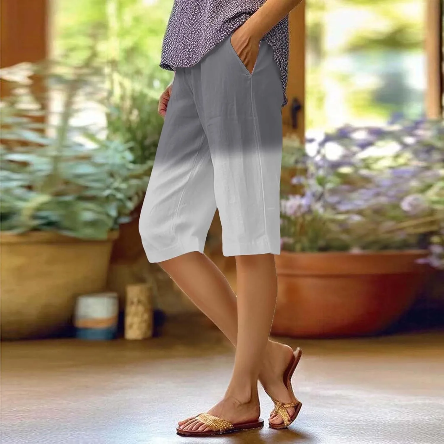 Linen Shorts for Women Plus Size Casual Loose Elastic Drawstring Summer Beach Bermuda Shorts with Pocket