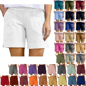 Linen Shorts for Women Summer Elastic High Waist Pant Beach Lounge Short Pants Vacation Outfits with Pockets