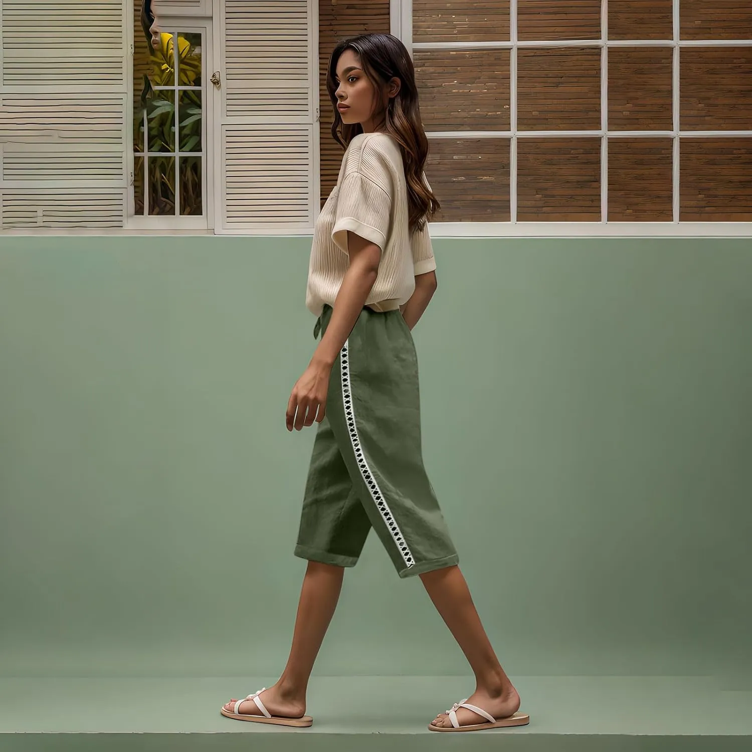 Linen Shorts for Women Trendy High Waisted Pants Side Hollow Lace Trim Drawstring Shorts with Pockets