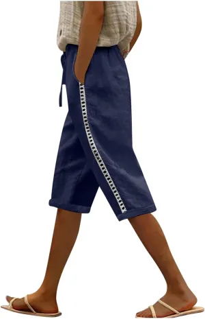 Linen Shorts for Women Trendy High Waisted Pants Side Hollow Lace Trim Drawstring Shorts with Pockets