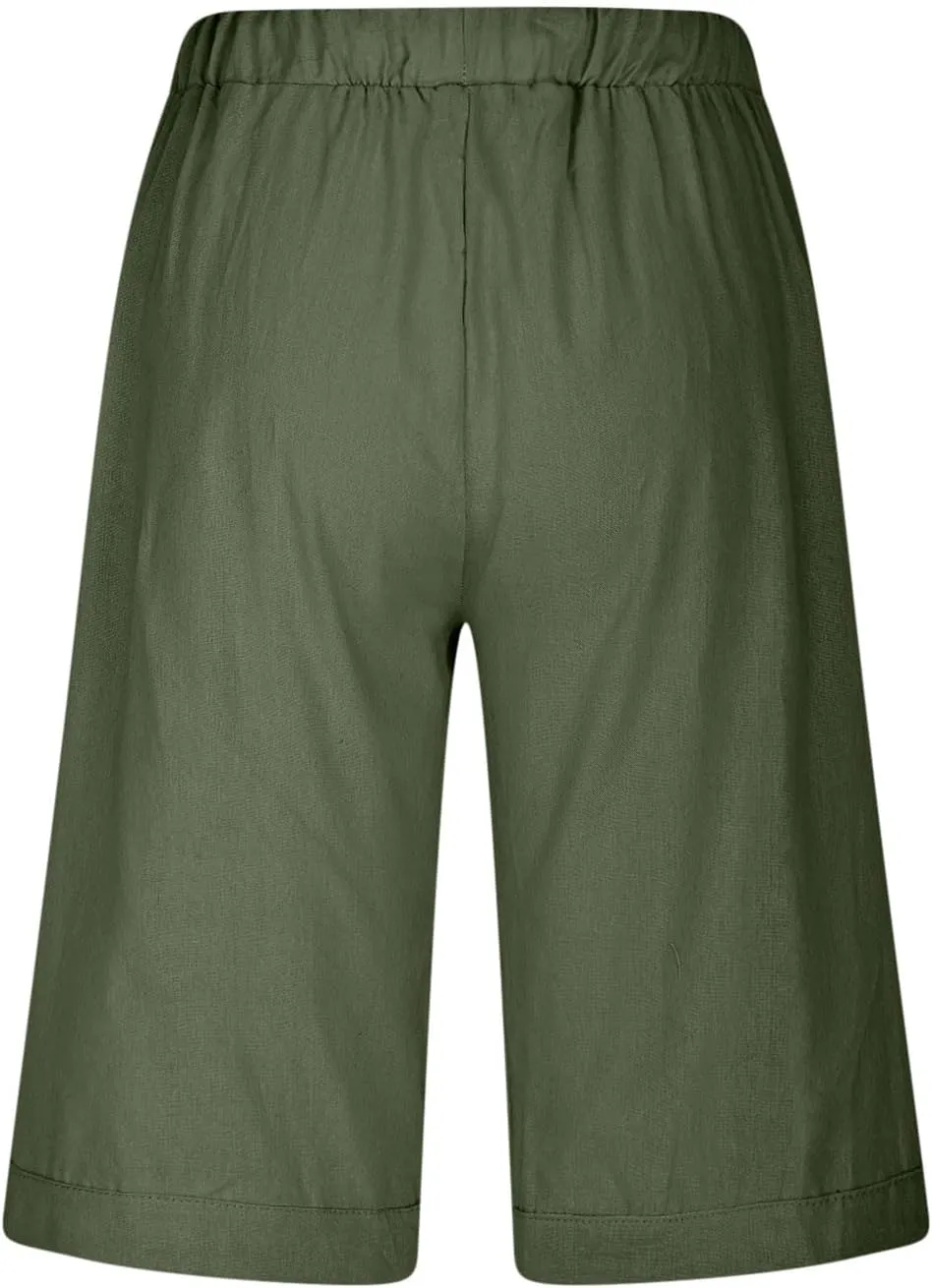 Linen Shorts for Women Trendy High Waisted Pants Side Hollow Lace Trim Drawstring Shorts with Pockets