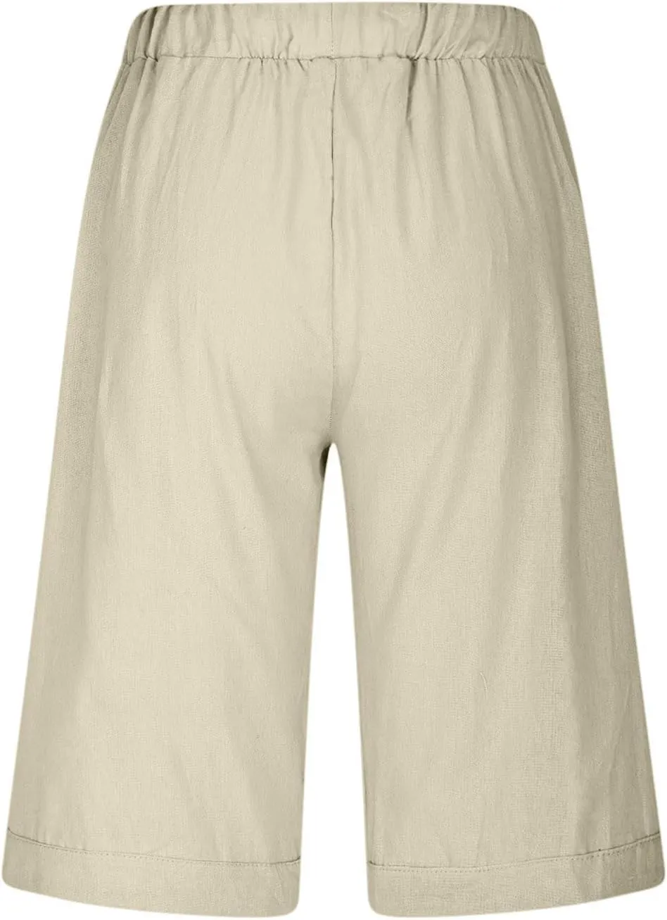 Linen Shorts for Women Trendy High Waisted Pants Side Hollow Lace Trim Drawstring Shorts with Pockets