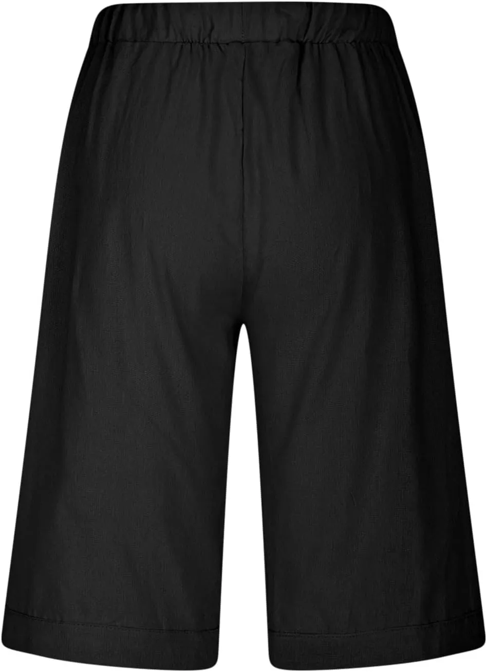 Linen Shorts for Women Trendy High Waisted Pants Side Hollow Lace Trim Drawstring Shorts with Pockets