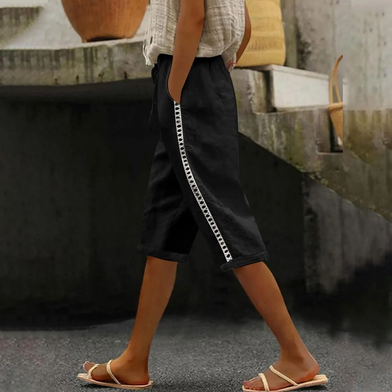 Linen Shorts for Women Trendy High Waisted Pants Side Hollow Lace Trim Drawstring Shorts with Pockets