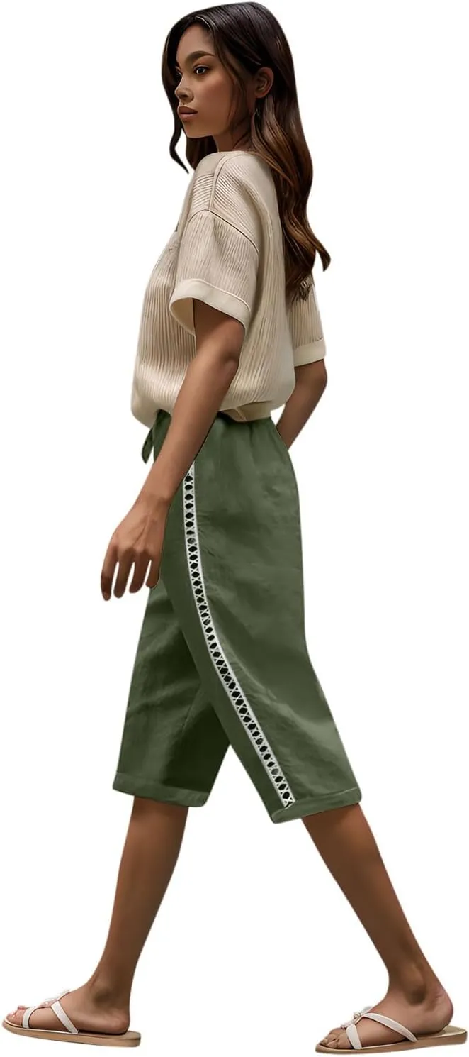 Linen Shorts for Women Trendy High Waisted Pants Side Hollow Lace Trim Drawstring Shorts with Pockets
