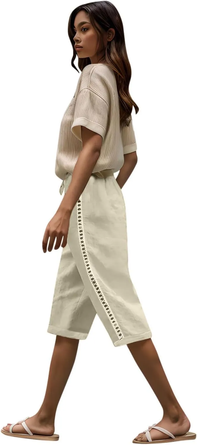 Linen Shorts for Women Trendy High Waisted Pants Side Hollow Lace Trim Drawstring Shorts with Pockets