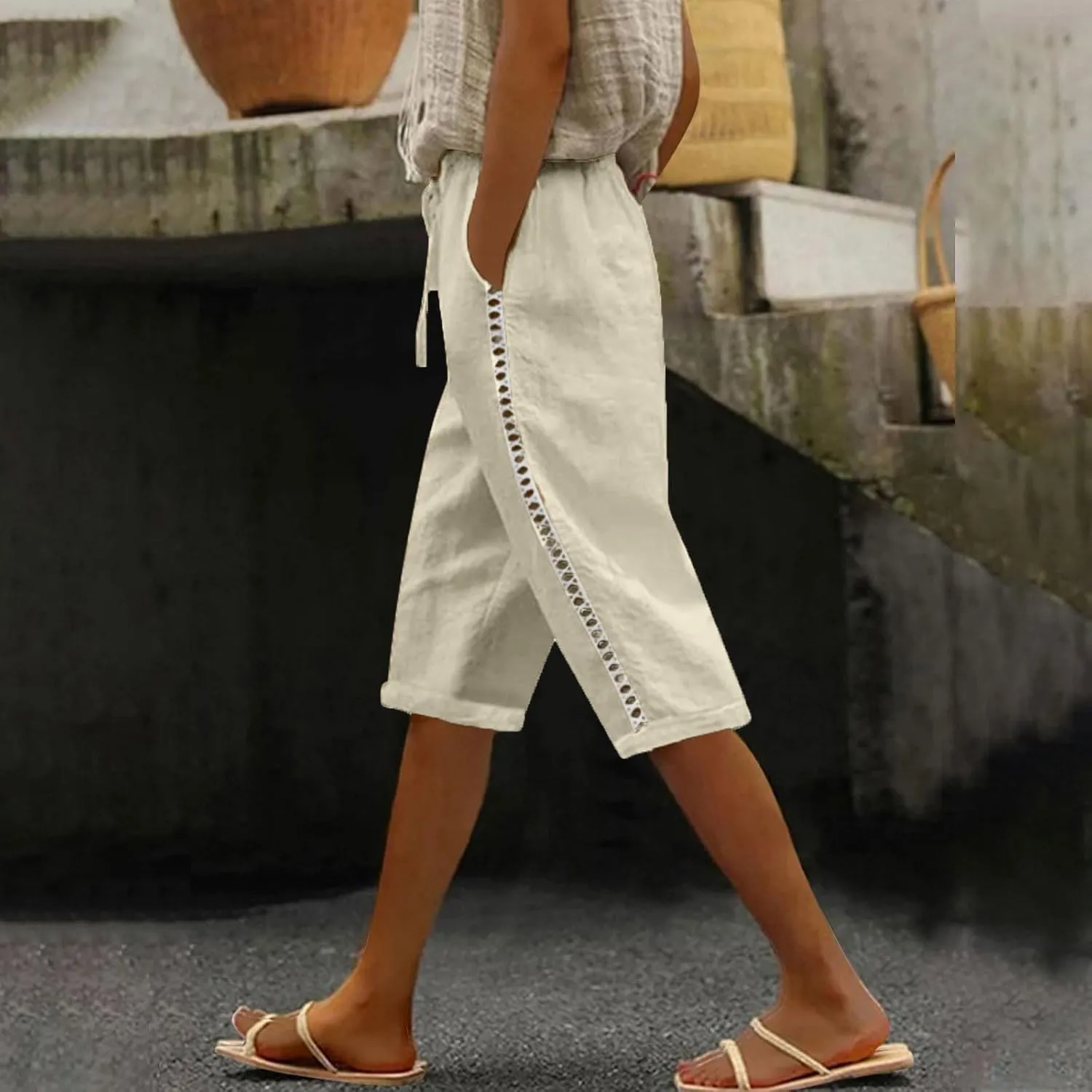 Linen Shorts for Women Trendy High Waisted Pants Side Hollow Lace Trim Drawstring Shorts with Pockets