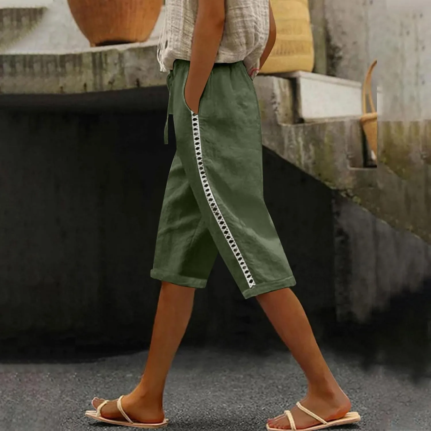 Linen Shorts for Women Trendy High Waisted Pants Side Hollow Lace Trim Drawstring Shorts with Pockets