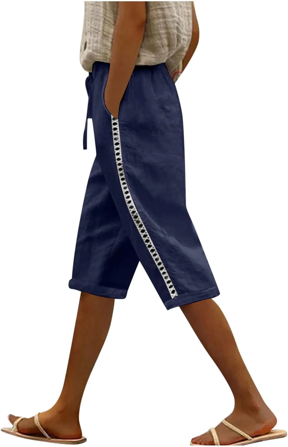 Linen Shorts for Women Trendy High Waisted Pants Side Hollow Lace Trim Drawstring Shorts with Pockets