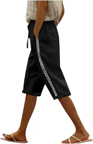 Linen Shorts for Women Trendy High Waisted Pants Side Hollow Lace Trim Drawstring Shorts with Pockets