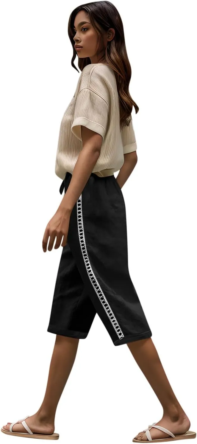 Linen Shorts for Women Trendy High Waisted Pants Side Hollow Lace Trim Drawstring Shorts with Pockets
