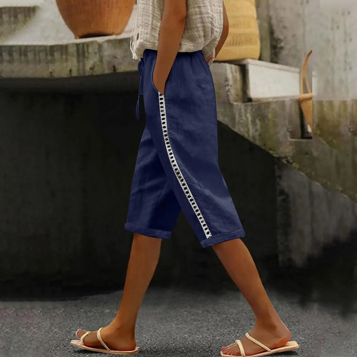 Linen Shorts for Women Trendy High Waisted Pants Side Hollow Lace Trim Drawstring Shorts with Pockets