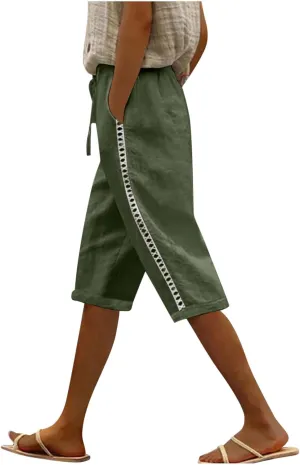Linen Shorts for Women Trendy High Waisted Pants Side Hollow Lace Trim Drawstring Shorts with Pockets