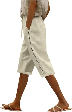Linen Shorts for Women Trendy High Waisted Pants Side Hollow Lace Trim Drawstring Shorts with Pockets