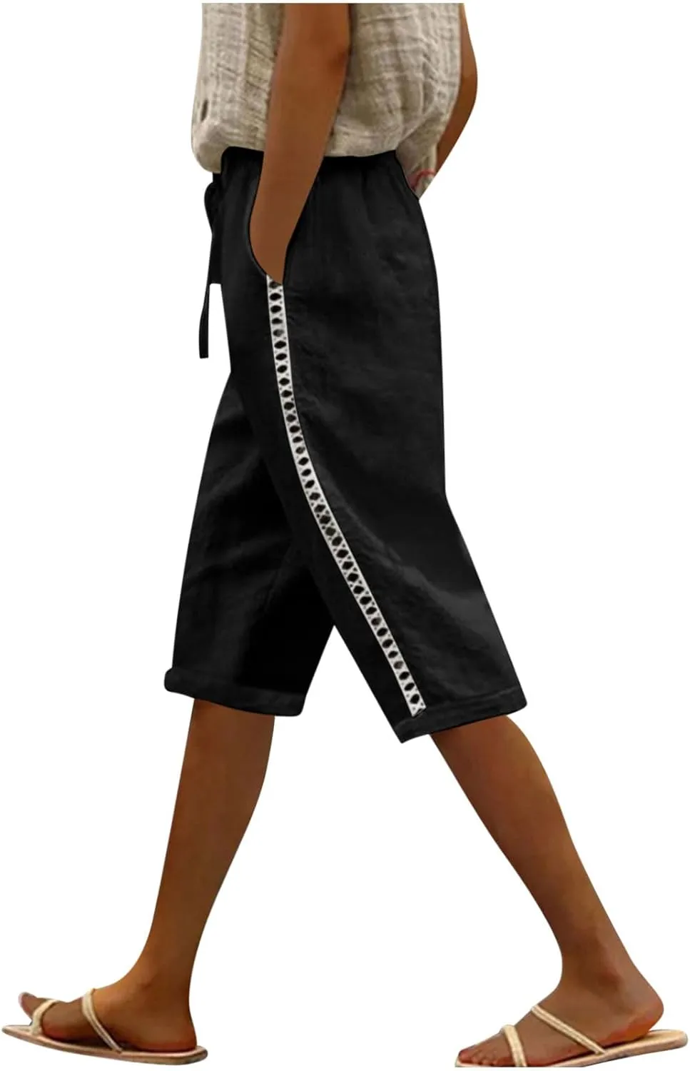 Linen Shorts for Women Trendy High Waisted Pants Side Hollow Lace Trim Drawstring Shorts with Pockets