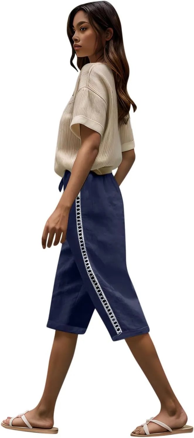 Linen Shorts for Women Trendy High Waisted Pants Side Hollow Lace Trim Drawstring Shorts with Pockets