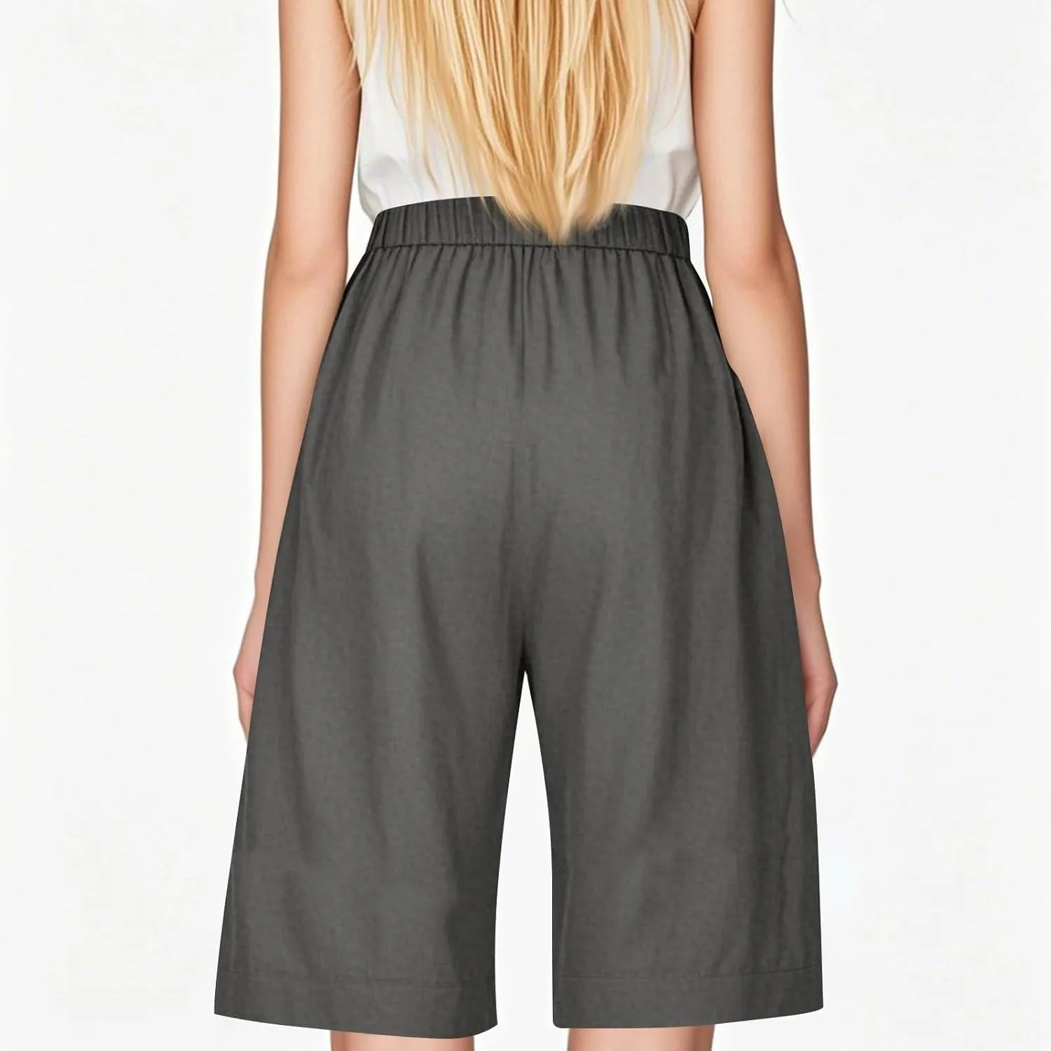 Linen Shorts for Women Trendy Summer Lightweight Long Shorts Drawstring High Waist Knee Length Beach Pants w/Pockets