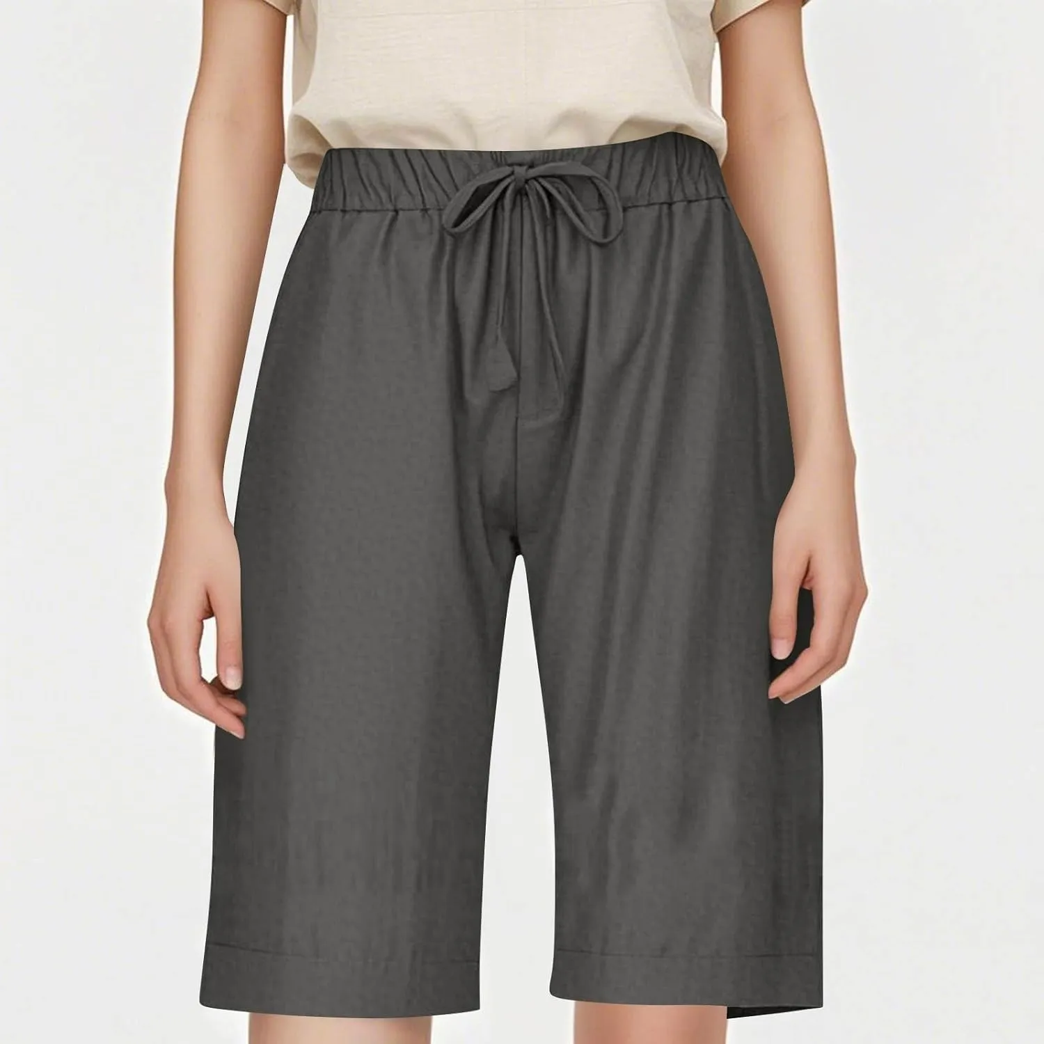 Linen Shorts for Women Trendy Summer Lightweight Long Shorts Drawstring High Waist Knee Length Beach Pants w/Pockets