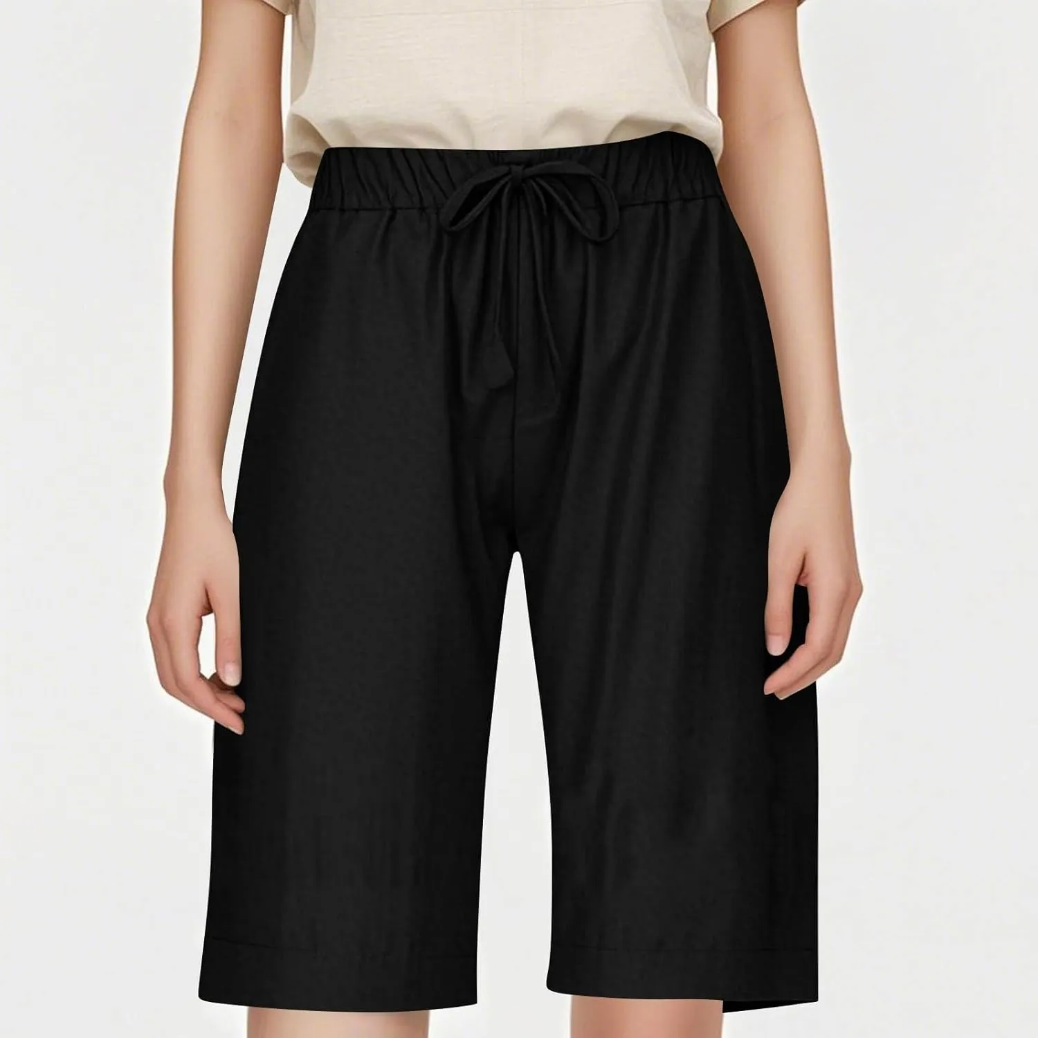Linen Shorts for Women Trendy Summer Lightweight Long Shorts Drawstring High Waist Knee Length Beach Pants w/Pockets