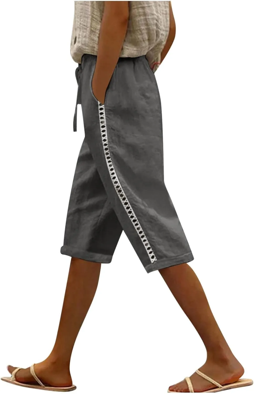 Linen Shorts for Women Trendy Summer Lightweight Long Shorts Drawstring High Waist Knee Length Beach Pants w/Pockets