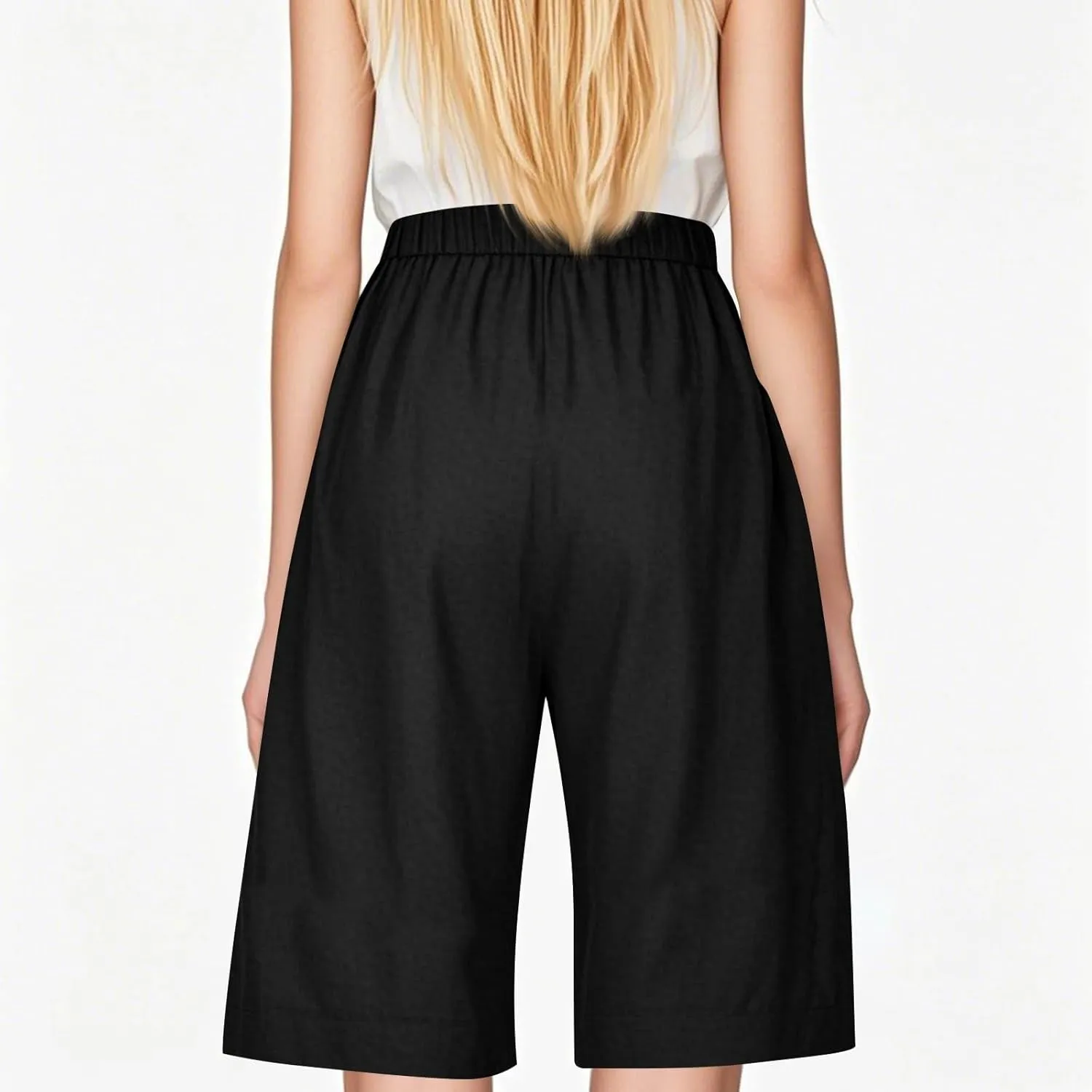 Linen Shorts for Women Trendy Summer Lightweight Long Shorts Drawstring High Waist Knee Length Beach Pants w/Pockets