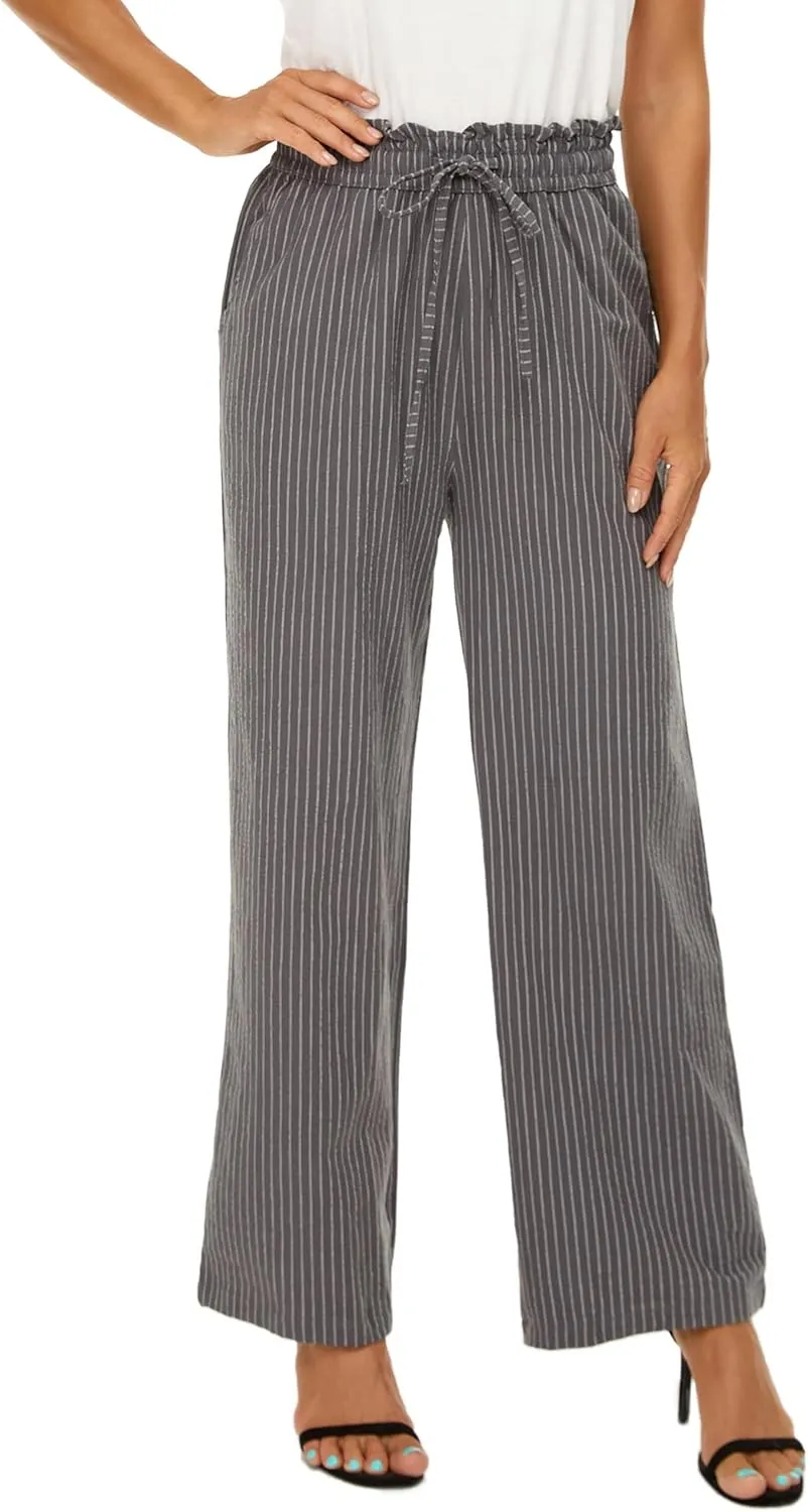 LNX Linen Pants for Women High Waisted Wide Leg Drawstring Casual Loose Pants with Pockets