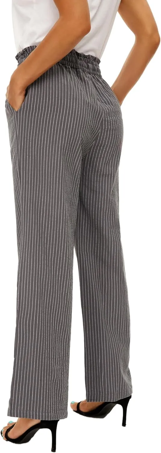 LNX Linen Pants for Women High Waisted Wide Leg Drawstring Casual Loose Pants with Pockets