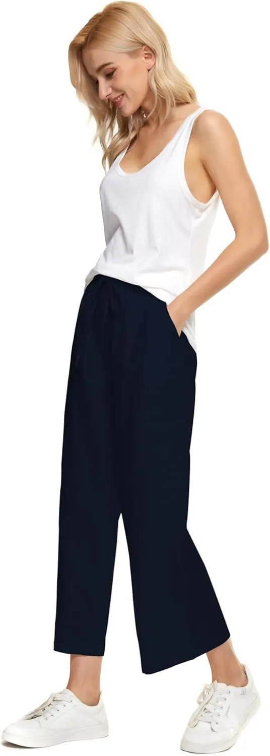 LNX Womens Wide Leg Linen Pants High Waisted Drawstring Flowy Casual Crop Trousers with Pockets