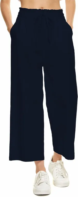 LNX Womens Wide Leg Linen Pants High Waisted Drawstring Flowy Casual Crop Trousers with Pockets