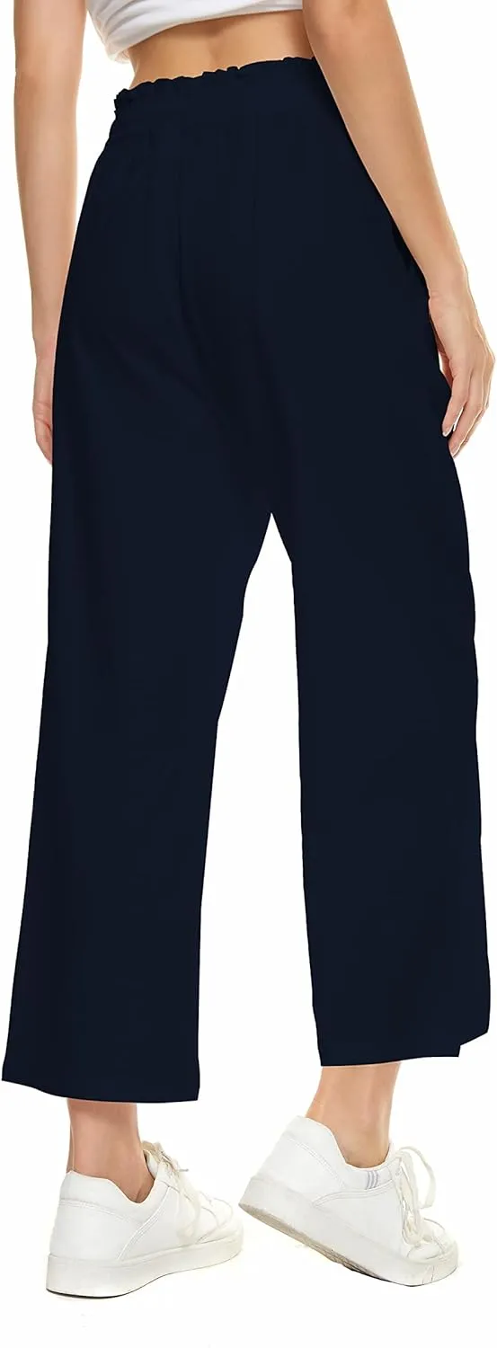 LNX Womens Wide Leg Linen Pants High Waisted Drawstring Flowy Casual Crop Trousers with Pockets