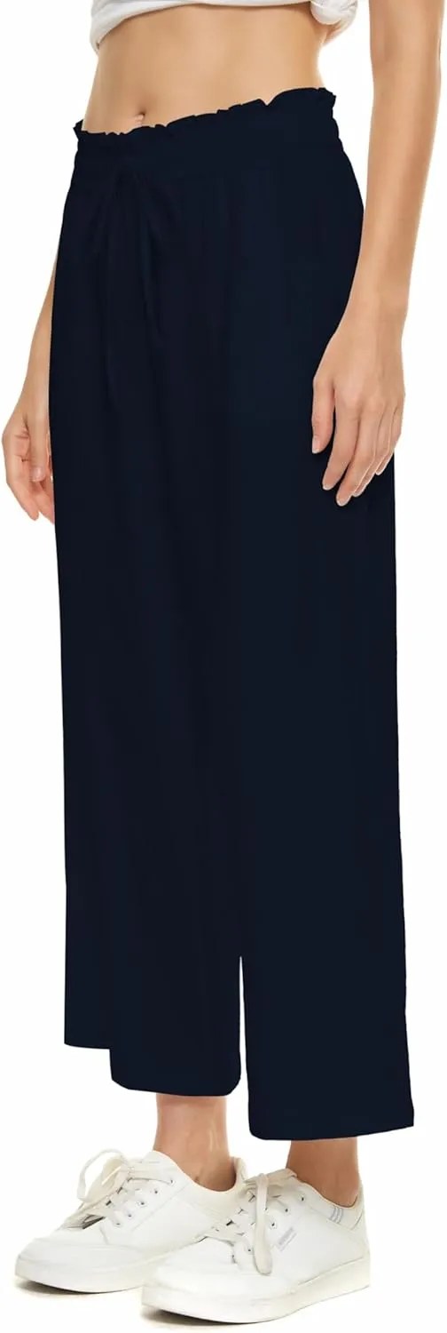 LNX Womens Wide Leg Linen Pants High Waisted Drawstring Flowy Casual Crop Trousers with Pockets