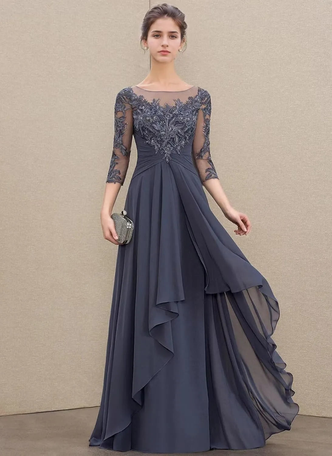 Long Mother of The Bride Dresses for Wedding Beach 3/4 Long Sleeves Sparkly Lace Formal Dress for Women 2025