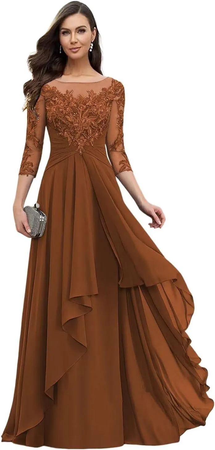 Long Mother of The Bride Dresses for Wedding Beach 3/4 Long Sleeves Sparkly Lace Formal Dress for Women 2025