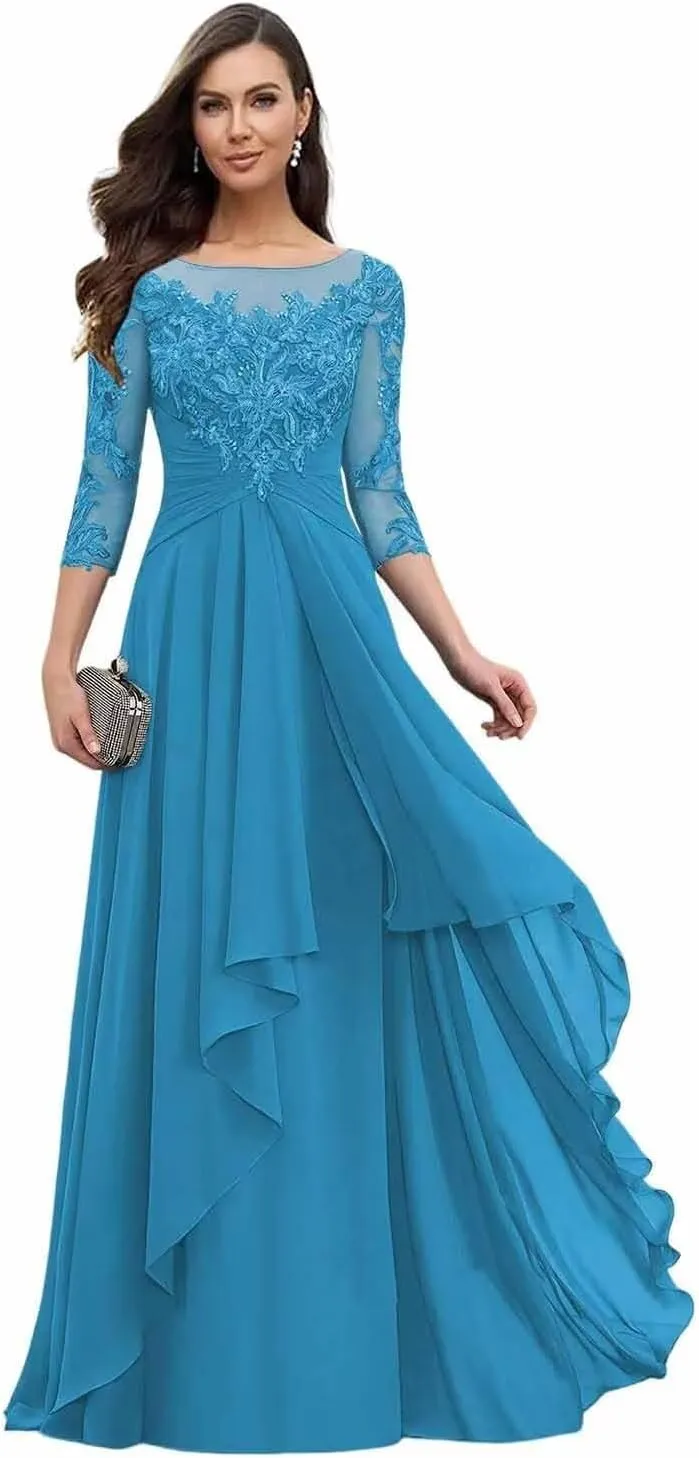 Long Mother of The Bride Dresses for Wedding Beach 3/4 Long Sleeves Sparkly Lace Formal Dress for Women 2025